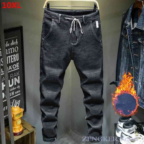 Winter black plus velvet jeans male stretch feet blue men thickened warm pants male 10XL 9XL men jeans pants ► Photo 1/6