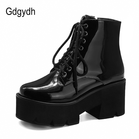 Gdgydh Punk Style Platform Heel Womens Ankle Boots Chunky Motorcycle Boots For Women Patent Leather Purple Yellow Shoes Big Size ► Photo 1/6