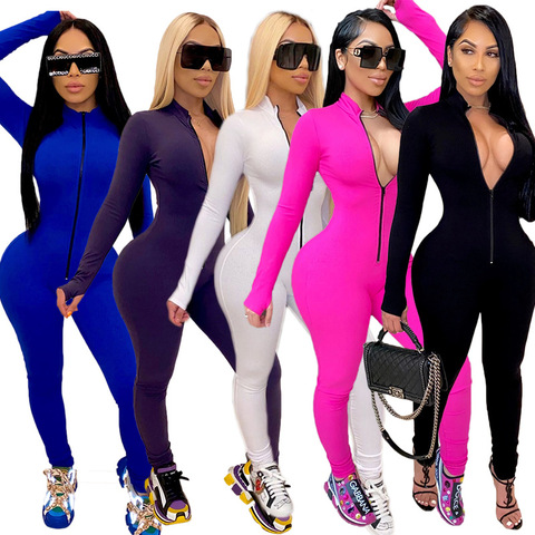 Sexy Solid Color Long Sleeve Deep V Bodycon Rompers Womens Jumpsuit Sport Suit Fashion Zip Up Long Pants Overalls Fitness Set ► Photo 1/6