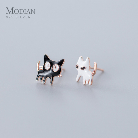 MODIAN White and Blace Enamel Cute Cat Stud Earring for Women Genuine 925 Sterling Silver Animal Ear Studs Fine Jewelry Kids Gif ► Photo 1/5