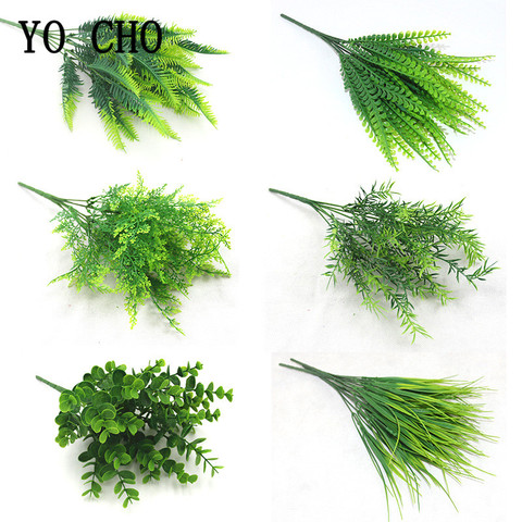 YO CHO Artificial Plants Plastic Twigs Green Grass Fake Plants Twigs Leaves Grass Flower Arrangement Wedding Party Home Decor ► Photo 1/6