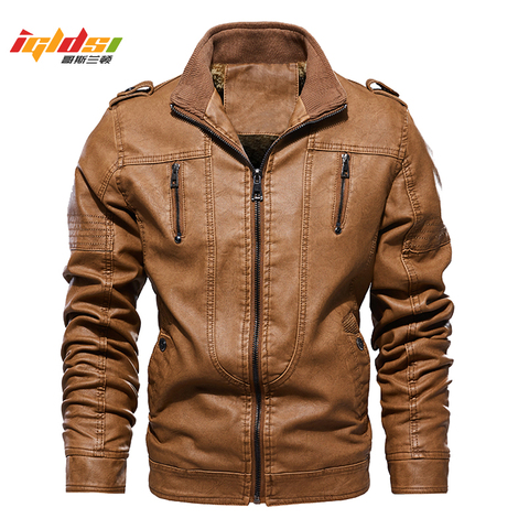 Men's Winter Luxury Zipper Fleece Leather Jacket Coats Slim Fit Motorcycle Leather Jacket Stand Collar jaqueta de couro ► Photo 1/6