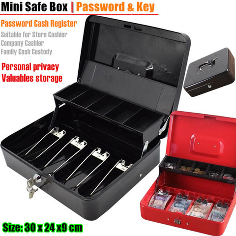 XL:30x24cm Metal Mini Safe Box Key Lock Store Money Coin Cashier 2-layer Fold Password Cash Register Jewellery Bank Card Storage ► Photo 1/6