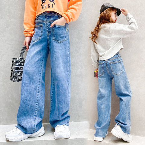 Cheap Teenage Girls Jeans Spring Autumn Casual Fashion Loose Blue Kids Leg  Wide Pants School Children High Waist Trousers