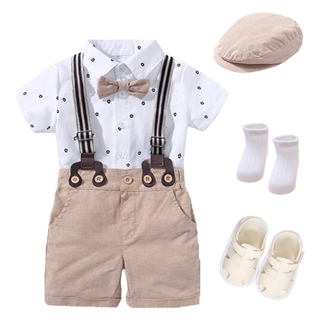 Baby Boy Romper Clothing Set Handsome Bow Suit Newborn 1th Birthday Gift Hat Printed Rompers Belt Infant Children Outfit Clothes ► Photo 1/6