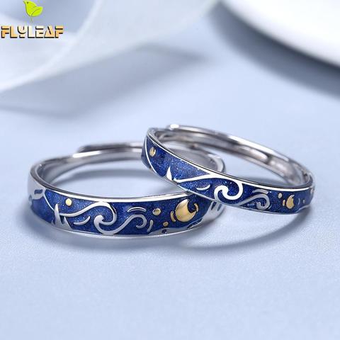 925 Sterling Silver Van Gogh Starry Sky Open Couple Ring For Women Men Romance Student Birthday Gift Premium Enamel Jewelry ► Photo 1/5