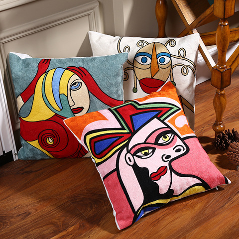 100% Cotton Picasso Embroidered Cushion Cover Sofa Pillow Cover For Car Chair Cushion Case 45cmx45cm Without Stuffing Homedecor ► Photo 1/5