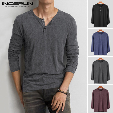 INCERUN Fashion Men T Shirt Cotton Long Sleeve Fitness O Neck Solid Color Button Casual Basic T-shirts Mens Camiseta Hombre 2022 ► Photo 1/6