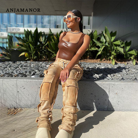 ANJAMANOR Multi Pocket Drawstring Stacked Sweatpants Street Style Tie Dye Cargo Pants Y2k Clothes Women 2022 Trousers D13-DE31 ► Photo 1/6