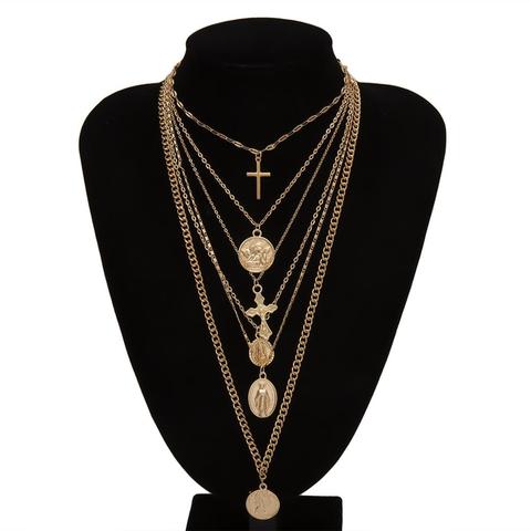 New Multi Layer Carved Coin Angel Pendant Choker Necklace Gothic Virgin Mary Cross Chunky Chain Long Necklace Women Jewelry ► Photo 1/6