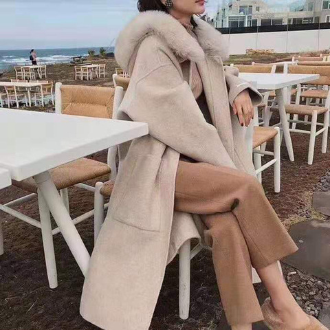 Longer style hooded wool coat with real fox fur collar women's winter warm cashmere coats oversize sashes cloak ► Photo 1/4