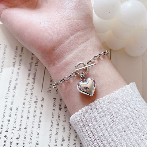 S925 Stamp Silver Color Love Heart Charm Bracelet Fashion Retro Bracelet For Women Jewelry With OT Clasp S-B367 ► Photo 1/6
