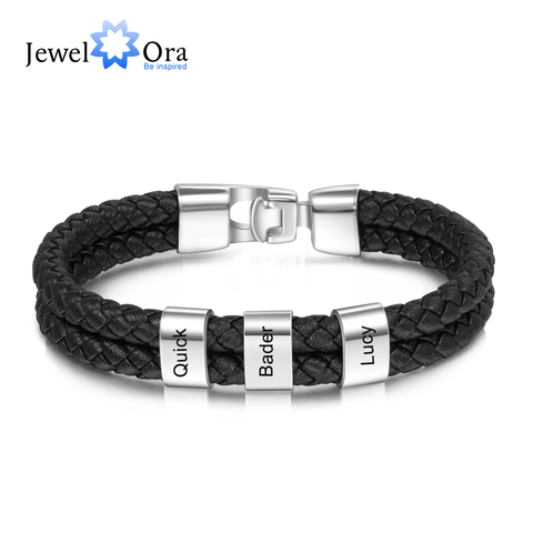 JewelOra Personalized Engraved Family Name Beads Bracelets Black Braided Leather Stainless Steel Bracelets for Men Fathers ► Photo 1/6