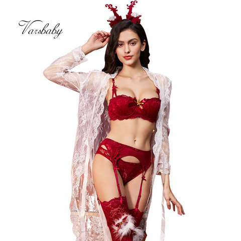 Varsbaby sexy 1/2 cup christmas 7 pcs bras+panties+garters+stockings+antler headband+nightgown bra and panty set ► Photo 1/6