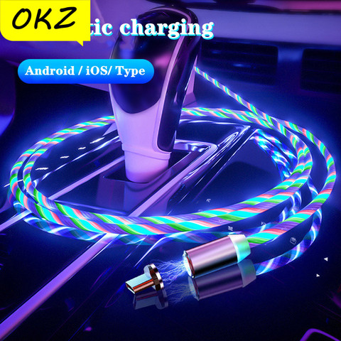 OKZ 2m Magnetic Charge Cable For iphone Flowing Glow Fast Charging Cable Lighting Micro USB Cable LED Magnet Charger Type C Cord ► Photo 1/6