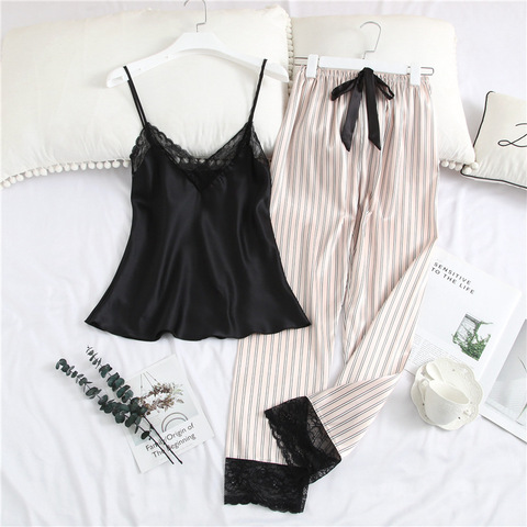 QWEEK Home Clothes Silk Pajamas for Woman 2 Piece Lounge Wear 2022 Pijamas Summer Pyjama Satin Femme Spaghetti Strap Sexy Lace ► Photo 1/6