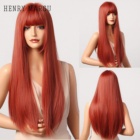HENRY MARGU Orange Red Long Straight Wigs For Women Synthetic Hairstyle High Temperature Wigs With Bangs Natural Daily Wigs ► Photo 1/6