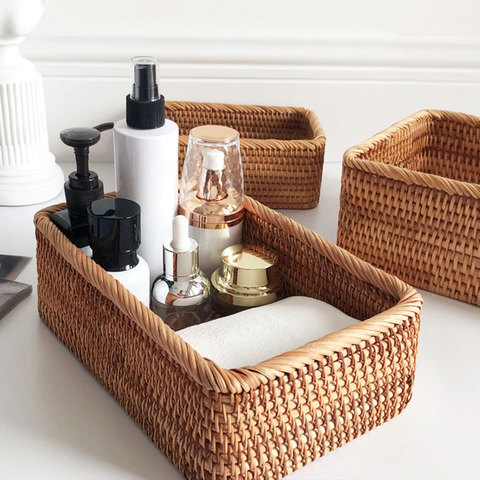 Hand Woven Rattan Wicker Basket Fruit Tea Snack Bread Picnic Cosmetic Rectangular Storage Box Household Kitchen Supplies ► Photo 1/6