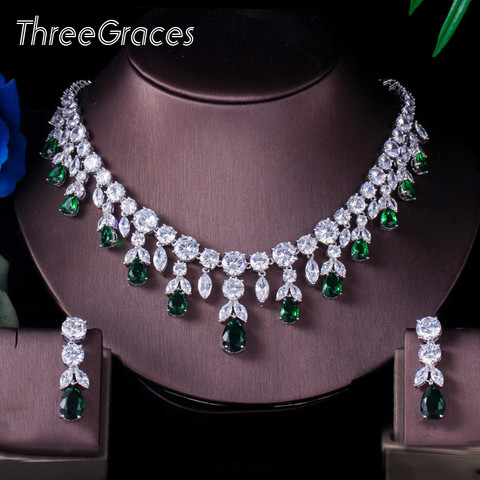 ThreeGraces Luxury Green CZ Stone Earrings Necklace Set Brilliant Big Long Drop Wedding Bridal Dress Jewelry Set for Women JS256 ► Photo 1/6