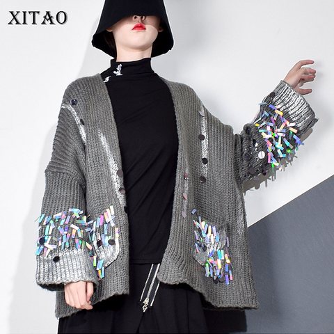 XITAO Casual Patchwork Sequins Sweater Women 2022 Autumn Tide Fashion New Style Open Stitch Collar Print Striped Pocket XJ4937 ► Photo 1/6