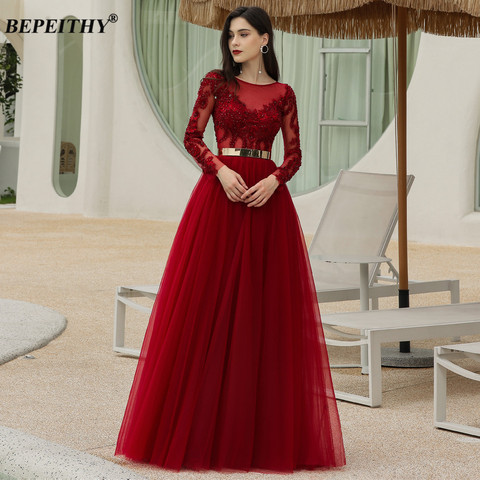 BEPEITHY Burgundy A-Line Lace Evening Dress Wedding Party For Women Plus Size Long Sleeves Prom Gown Formal Elegant With Belt ► Photo 1/6