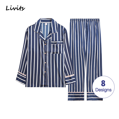 Men Pajamas Sets Satin  Pyjamas Nightwear Sleepwear Underwear Long Sleeve Striped Printed Casual Spring Autumn Winter SA0706 ► Photo 1/6