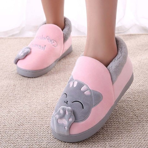 Winter Warm Plush Slippers Print Knitted Soft Bottom Cotton Women Indoor Shoes