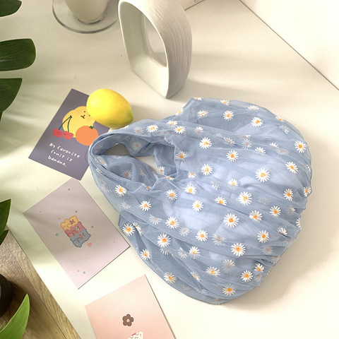 2022 Spring Women Small Transparent Tote Mesh Cloth Bag Daisy Embroidery Handbag High Quality Eco Fruit Bag Purse For Girls ► Photo 1/6