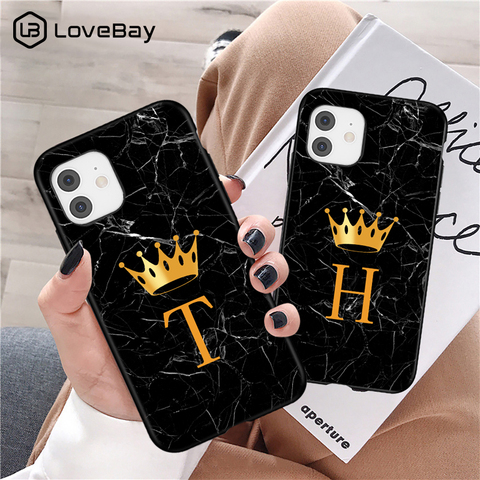 Marble Initial Letter Case For iPhone 11 12 Mini Pro Max Crown Couples For iPhone 7 8 Plus SE 2022 X XR XS Max Soft Phone Cases ► Photo 1/6