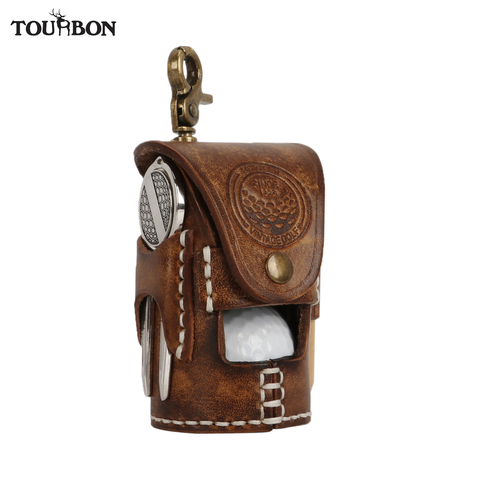 Tourbon Vintage Portable Golf Ball Bag Pouch Divot Tool Holder Tee Holder Holds 2 Balls Vegetable Leather Waist Golf  Carrier ► Photo 1/6