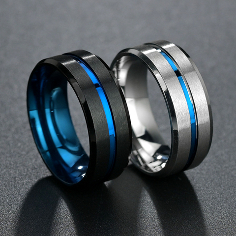 8mm Casual Black Men Ring Blue Line Stainless Steel Male Wedding Band Comfort Wear Gentlemen Jewelry ► Photo 1/5