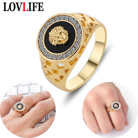 Punk Men Lion Head Rings Crystal Enamel Ring for Women Gold Alloy Hollow Finger Rings Vintage Hip Hop Rock Party Brand Jewelry ► Photo 1/6