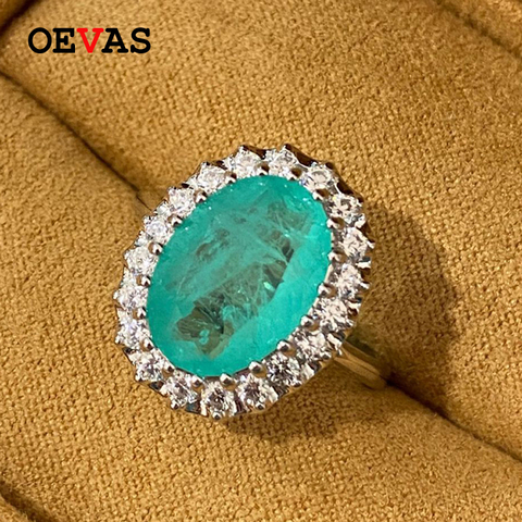 OEVAS 100% 925 Sterling Silver Sparkling High Carbon Diamond 10*14mm Synthetic Paraiba Tourmaline Rings For Women Fine Jewelry ► Photo 1/6