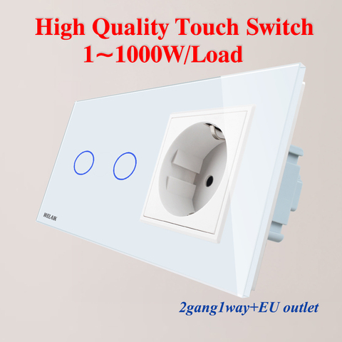 WELAIK 2Frame-Crystal Glass-Panel Wall-Switch-EU Touch-Switch-Screen EU Wall-Socket 2gang-1way AC250V A29218ECW/B ► Photo 1/5