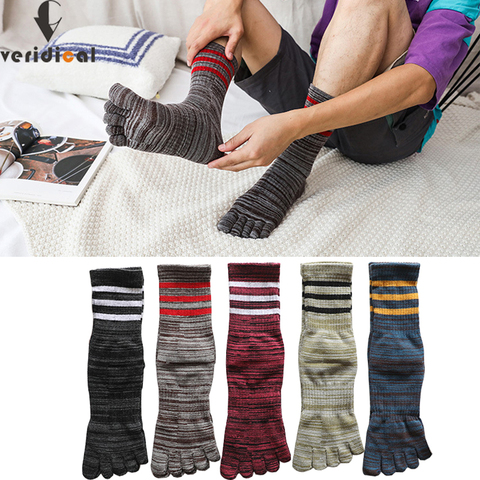 Veridical 5 Pairs/Lot Large Size Five Finger Socks Man Cotton Colorful Striped Business Compression Dress Long Socks With Toes ► Photo 1/6