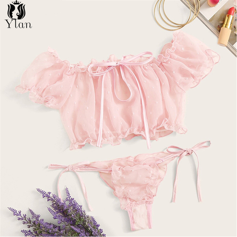 New Women's Lingerie Sexy Mesh Bra Set Off Shoulder Ruffle Underwear Suit Cute Dot Wireless Transparent Bralette Thong Intimates ► Photo 1/6