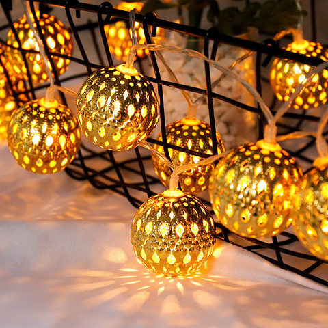 10/20/40/50leds Fairy Moroccan Hollow Metal Ball LED String Lights Battery Powered for Wedding Holiday Indoor Outdoor Decoration ► Photo 1/6