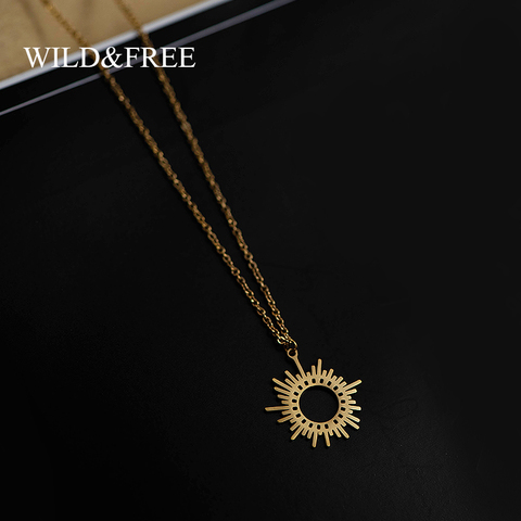 Wild&Free Gold Circle Irregular Sun Necklace For Women Stainless Steel Hollow Out Round Sweater Pendant Necklaces Jewelry Gift ► Photo 1/6