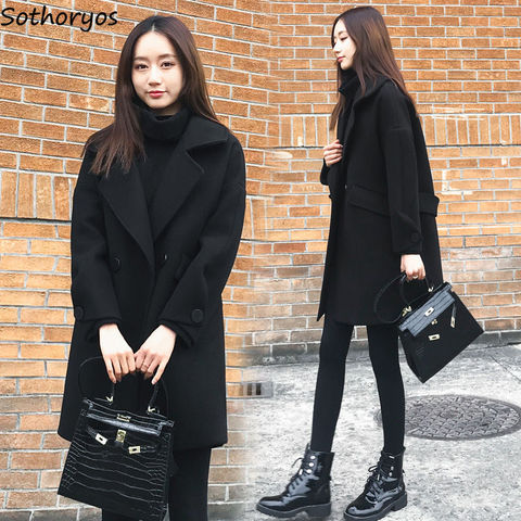 Wool Blends Coats Women Winter Black Pockets Simple Solid Females Long Temperament Streetwear High Quality Comfortable Chic New ► Photo 1/6