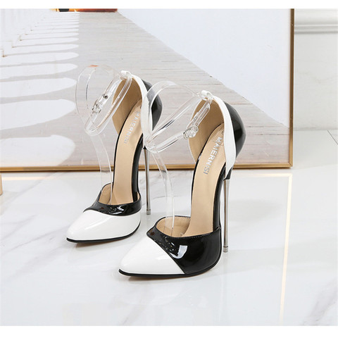 Crossdresser shoes zapatos mujer 16cm thin heels Sandals women wedding Pumps Bridal Buckle Patent Leather Stiletto ► Photo 1/6