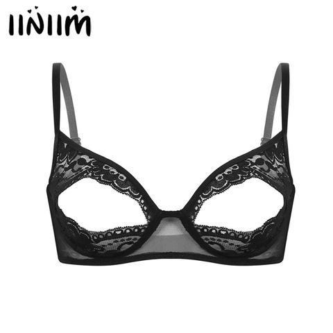 iiniim Womens Lingerie Exotic Open Bras Sissy Femme Sexy Nightwear Lace Nipple Split Bralette Wire-free Unlined Bra Top ► Photo 1/6