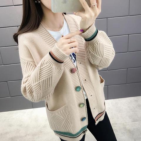 2022 Autumn Winter Women Knitted Jacket Loose Long Sleeve Cardigan Women's with Single Breasted Pocket Cardigan Female Sweater ► Photo 1/5