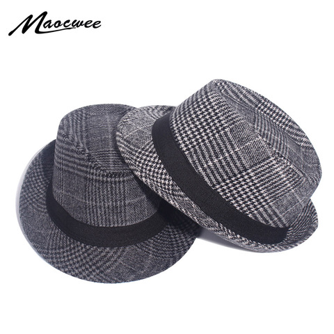 Brand Retro Fedora Hat Faux Woolen Felt Mens Winter Jazz Cap Outdoor Gentleman Top Plaid Pattern Hats Derby Chapeau Fedoras ► Photo 1/6