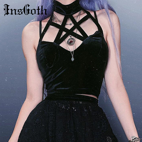InsGoth Hallow Out Black Camis Women Sexy Tank Tops Gothic Pentagram Bandage Halter Female Backless Bodycon Tank Tops Streetwear ► Photo 1/6