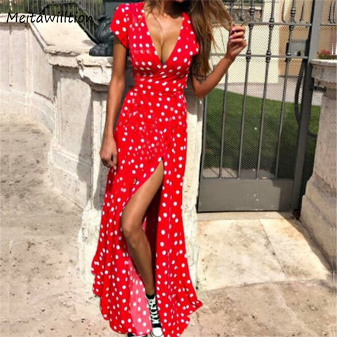 Summer Women Boho Dress 2022 Sexy V Neck Short Sleeve Beach Sundress Casual Dot Print Long Dress Vintage Party Dresses ► Photo 1/6