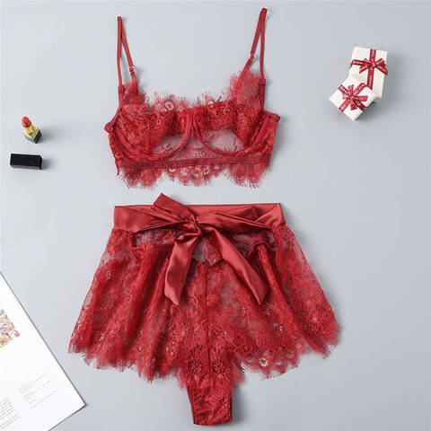 Lingerie Sexy Bra Set Women Red Lace Bra and Panty Patchwork Bow Sexy Lingerie Underwear Sleepwear Brief Sets Lenceria 661BRS10 ► Photo 1/6