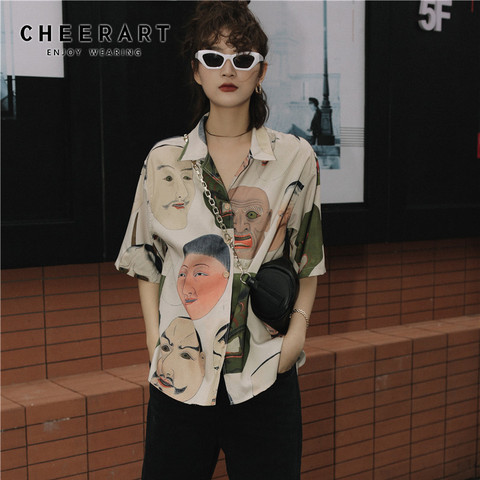 CHEERART Japanese Streetwear Ukiyoe Print Summer Blouse Women 2022 Collared Button Up Shirt Short Sleeve Top And Blouse Clothing ► Photo 1/6