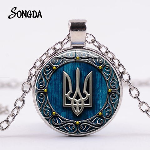 Tryzub Ukraine Pendant Necklace Ukrainian Rune Vintage Patterns Glass Cabochon Chain Necklaces Men Women Classic Jewelry ► Photo 1/6