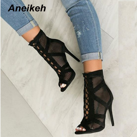 Aneikeh Fashion Show Black Net Suede Fabric Cross Strap Sexy High Heel Boots Woman Shoes Pumps Lace-up Peep Toe Sandals Boots ► Photo 1/6