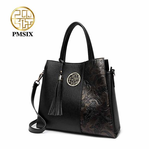 Pmsix Embossing Genuine Leather Women Handbag High Quality Cow Leather Ladies Shoulder Bag NEW luxurious Tassels Casual Tote ► Photo 1/6